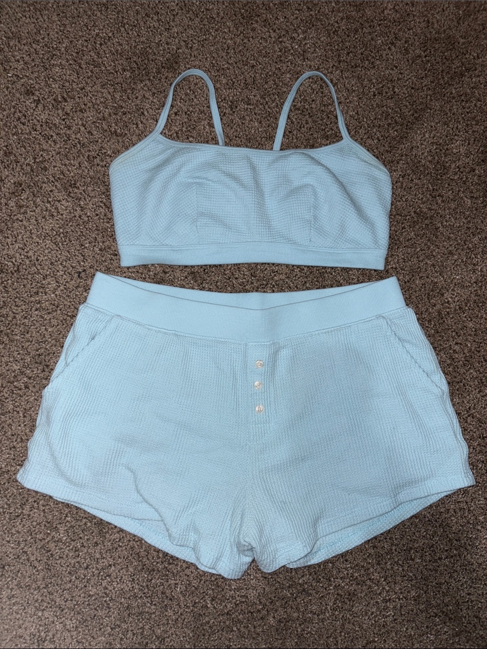 Auden Light Blue Waffle Knit Bralette & Shorts Lounge Set